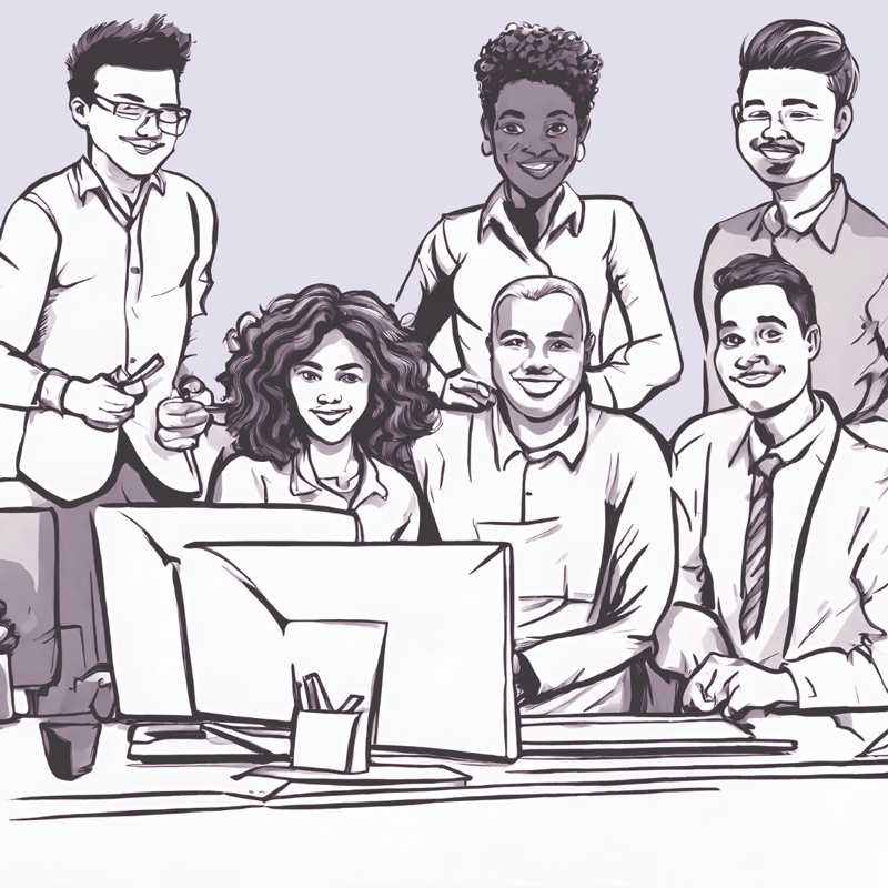A black and grey sketch of a group of people sitting at a desk in front of a monitor smiling.